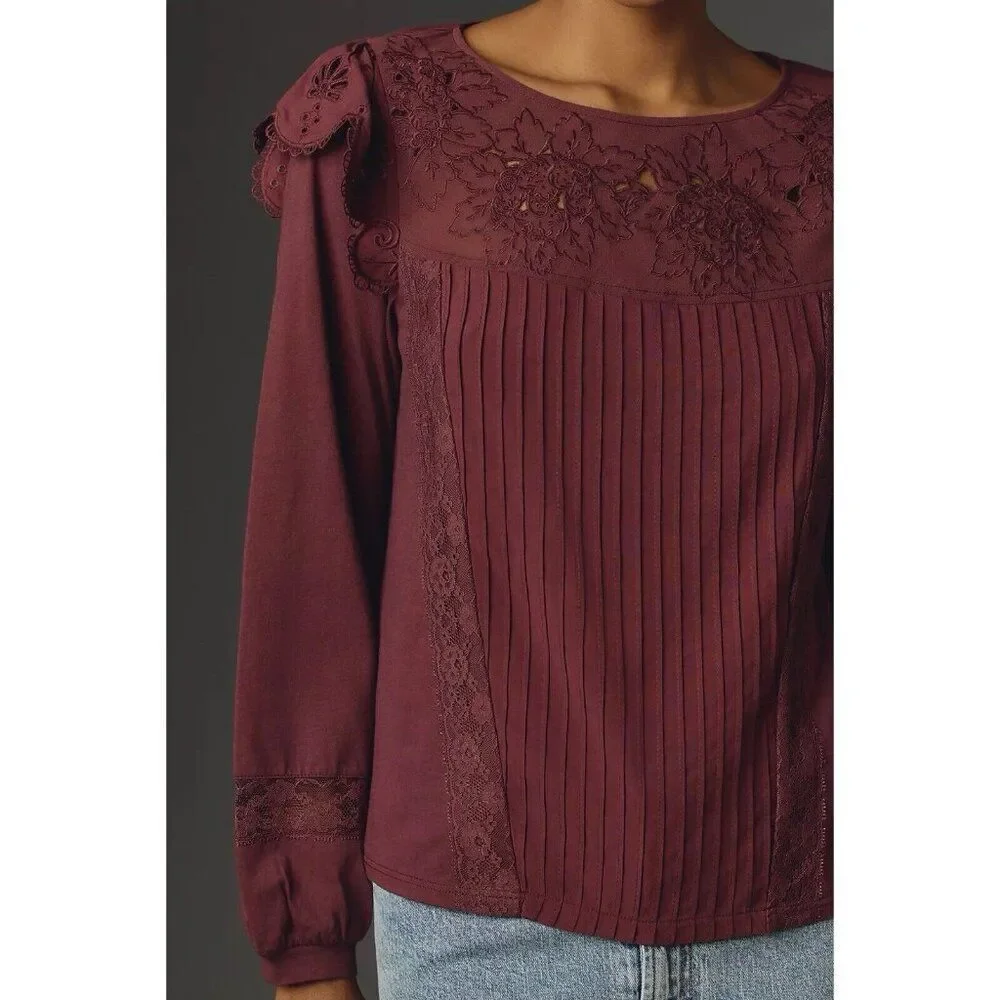 Anthropologie Tiny Top Womens Small Long-Sleeve Crescent Ruffled Lace Blouse NWT
